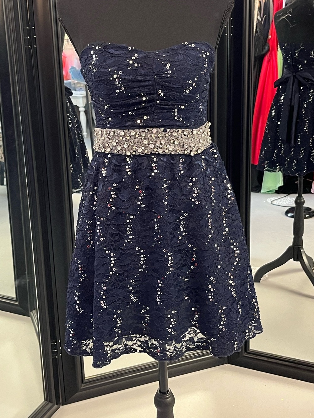 My Michelle Navy Lace Sequin Strapless Prom Dress with Jeweled Waistband